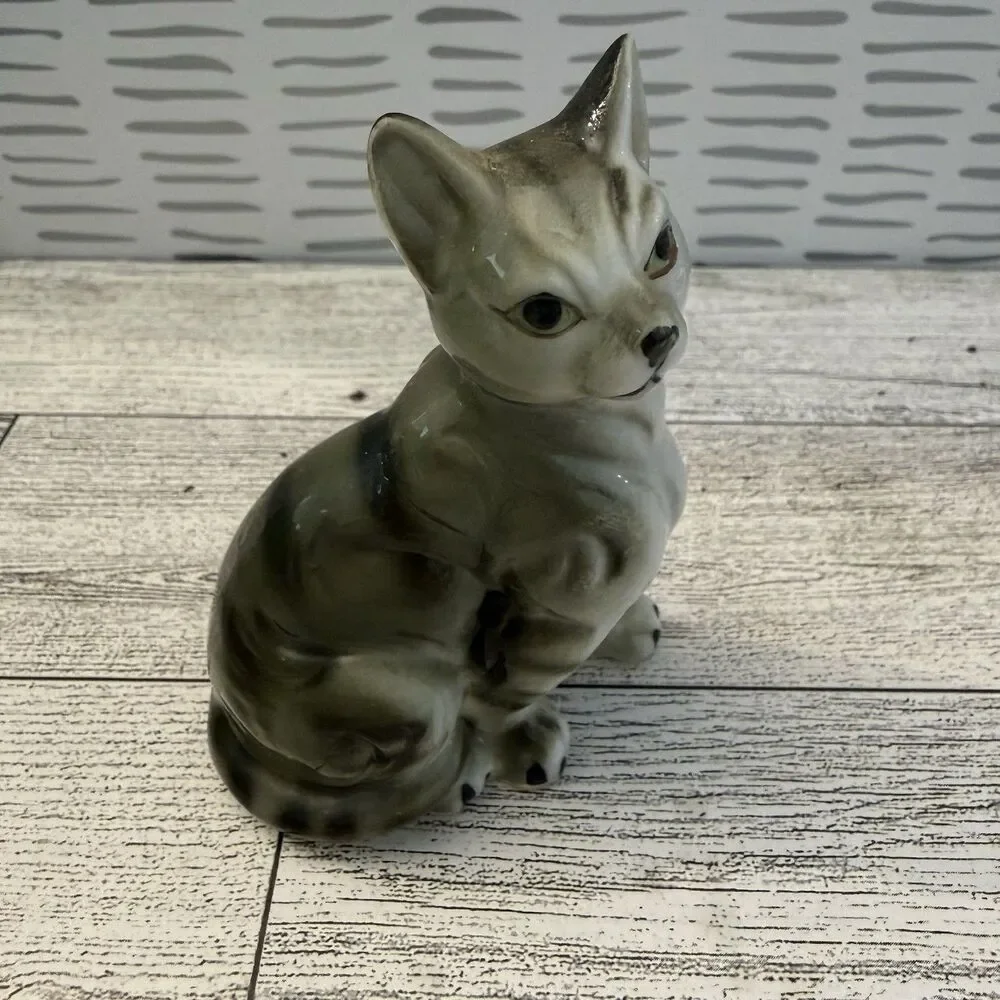 Vintage Bone China Gray Tabby Cat Kitty Figurine MCM